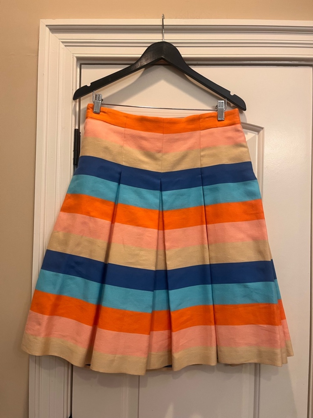 Akris Punto Striped Midi Skirt in Orange, Blue, Turquoise, Pink, and Cream